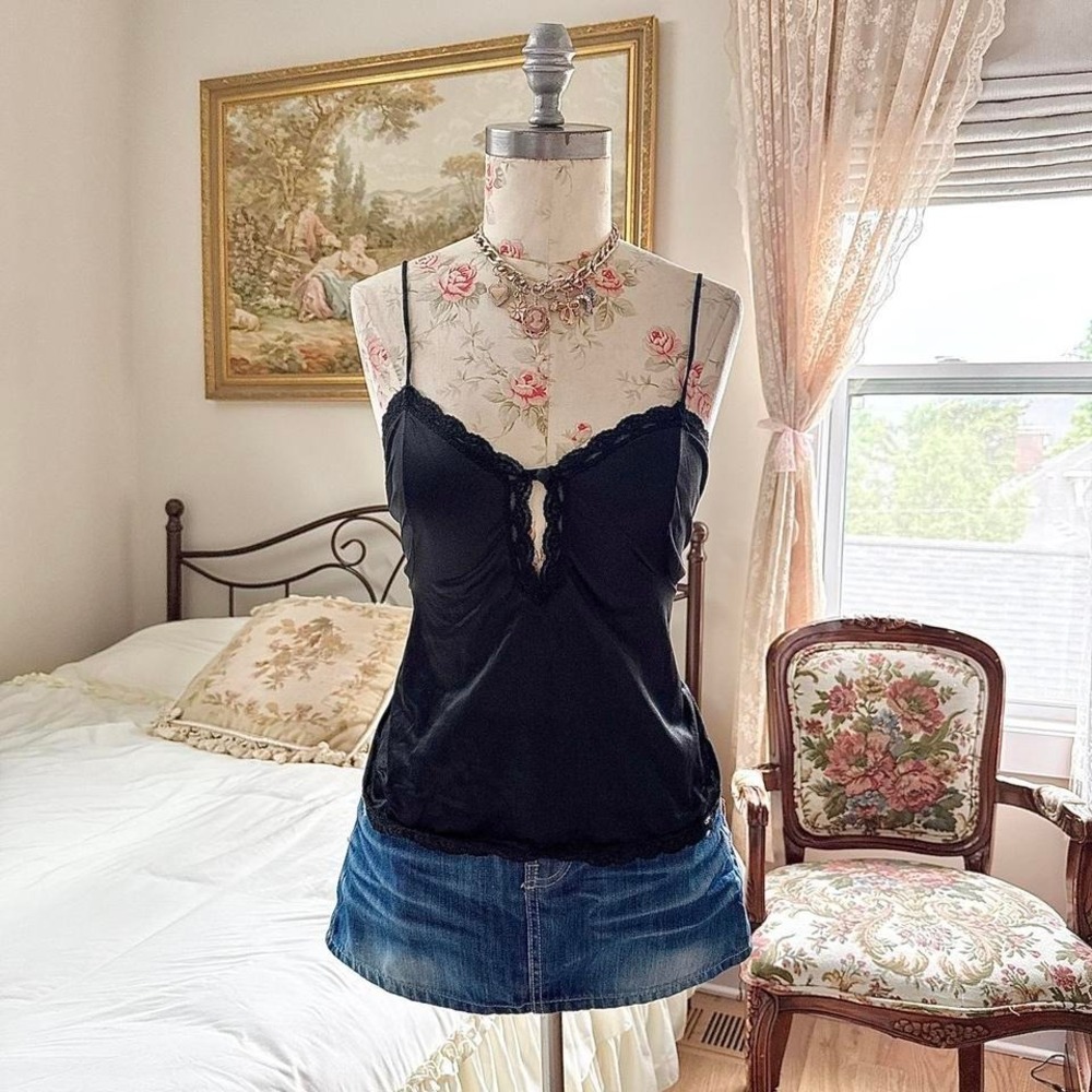 black lace cami 70s flair black lace trim cami size large - Picture 2 of 6